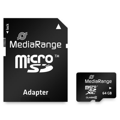 MediaRange microSDXC™ memory card, Class 10, with SD adapter, 64GB